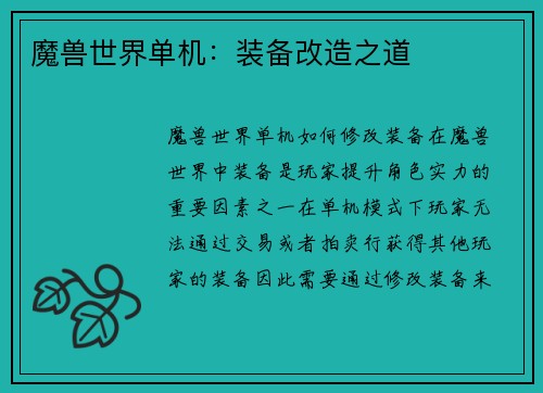 魔兽世界单机：装备改造之道
